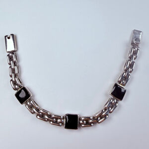 Taxco Onyx Square Bezel Chunky Chain Link Sterling Silver 925 Bracelet Mexico
